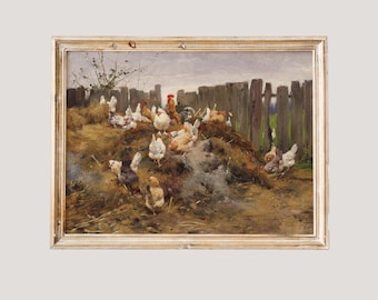 Chickens Scratching | Vintage Chicken Wall Art Large Poster, Farmhouse Home Decor, Antique Animal Oil Painting Homestead Cottage Art Print