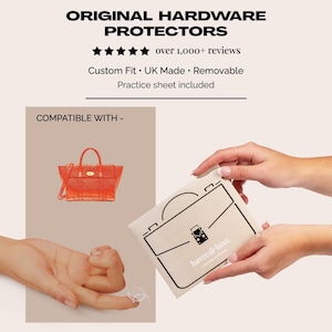 以下が含まれることがあります： 「ORIGINAL HARDWARE PROTECTORS」と「over 1,000+ reviews」のテキストが入ったハードウェアプロテクターの画像。赤いハンドバッグのイラストと、ハンドバッグの輪郭と「havre de luxe」のテキストが入ったパッケージが表示されています。