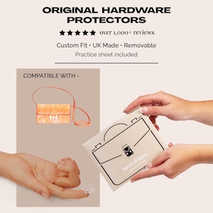 May include: The image shows a product designed to protect handbag hardware. The text reads "ORIGINAL HARDWARE PROTECTORS" and "havre de luxe." A drawing of a handbag is on the packaging. The image also shows a watercolor painting of a handbag.