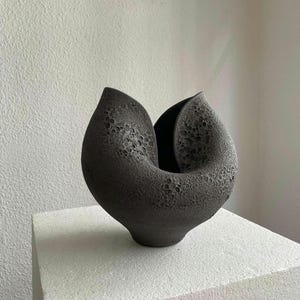 Puede incluir: Un jarrón de cerámica negro con una superficie texturizada en forma de flor.