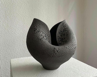 Handmade Black Magma Ceramic Vase, Abstract Vessel, Modern Minimalist Decor, Unique Nordic Vase, Sculptural Flower Vase, Gift for Home
