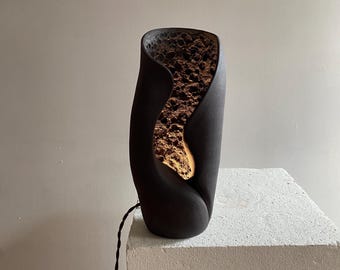 Black Magma Textured, Ceramic Table Lamp, Handmade Organic Lighting