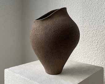 Dark Brown Ceramic Vase: Abstract Nordic Decor, Handbuilt Vessel