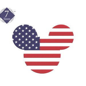 May include: An American flag design in the shape of Mickey Mouse's head. The ears are blue with white stars and the middle is red and white stripes.
