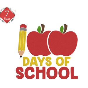 Könnte beinhalten: Rote Apfelgrafik mit einem gelben Bleistift und dem Text "100 Tage Schule" in gelben und roten Buchstaben.