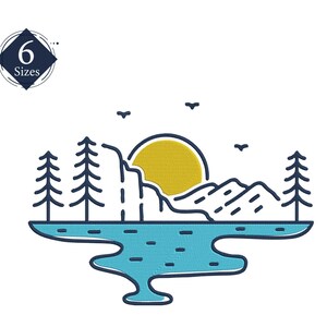 May include: A line art illustration of a mountain landscape with a yellow sun, blue lake, and green trees. The illustration is in a minimalist style.