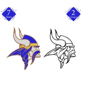 May include: Two Viking head designs are displayed, one in colour and one in black and white. The coloured design features a blue helmet, gold accents, and a white beard. The text "7 Sizes" and "2 Designs" are shown.