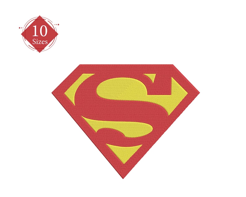 May include: A red and yellow Superman logo with a diamond shape. The logo is outlined in red and the letter "S" is yellow.
