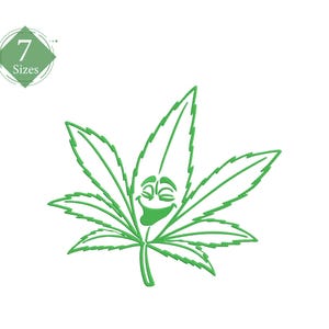 Puede incluir: Una hoja de marihuana verde con una cara sonriente. La hoja está estilizada y tiene un aspecto de dibujos animados.
