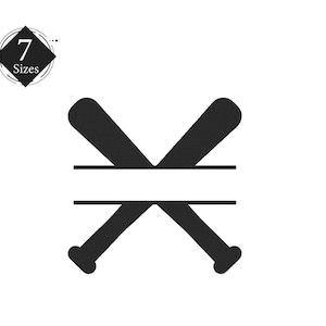 May include: Black and white silhouette of two crossed baseball bats with a space for text in the center.