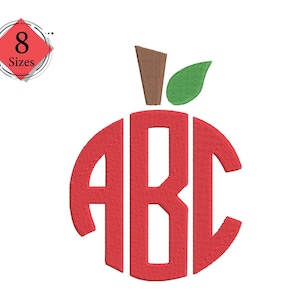 May include: Red apple with a green leaf and the letters ABC inside.  The apple is a monogram design for embroidery.