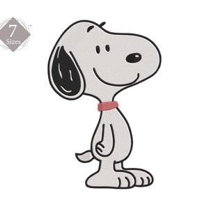 May include: Embroidered design of a cartoon dog, Snoopy, in a side profile. The dog is white with black ears and a black nose and eyes. It wears a red collar. The image includes the text "7 Sizes" in a gray diamond shape.