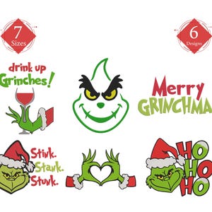 May include: A collection of Christmas-themed designs featuring the Grinch. The designs include the Grinch's face, text that says "drink up Grinches!", "Merry GRINCHMAS", and "HO HO HO". The designs are in green, red, and white.