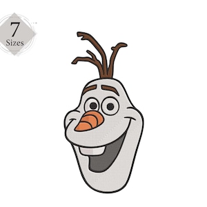 May include: A cartoon illustration of Olaf, a snowman from the movie Frozen, with a brown twig nose and brown hair. He is smiling with his mouth open.