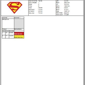 May include: A production summary for a Superman 3 embroidery design. The design is in the Tajima format and has 2 color changes, 5 trims, and a maximum stitch length of 7.0 mm. The design is 7.01 inches tall and 9.08 inches wide.