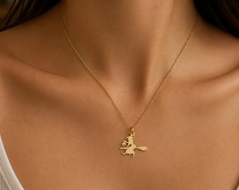 Flying Witch Pendant Necklace – Gold-Plated Halloween Jewelry (12mm)