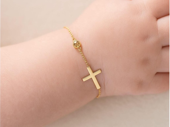 Personalized Baby Birthstone Bracelet with Cross: Baptism