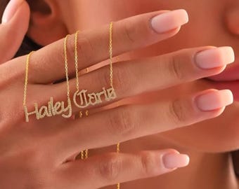 Custom Diamond Name Necklace: 18K Gold Script Nameplate Pendant,Eid Gift,Valentine's Day gift