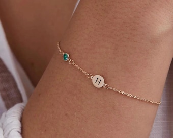 Gold Birthstone Initial Disc Bracelet: Personalized Sterling Silver Charm, Eid Gift,Valentine's Day gift