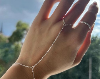 Bracciale con catena da mano in argento sterling, anello minimalista Boho, catena regolabile per dita