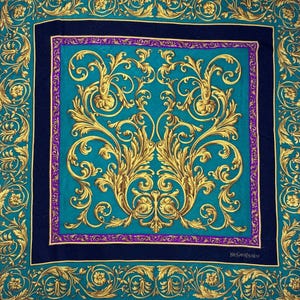 May include: A square silk scarf with a teal center featuring a gold baroque design. The scarf has a navy blue border with a purple trim and gold floral accents. The words "YVES SAINT LAURENT" are printed in the bottom right corner.