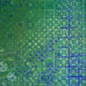 May include: A rectangular textile featuring a gradient pattern of green and blue hues. The design transitions from a grid of small squares on the right to a field of varying circular dots on the left, creating a textured visual effect across the fabric.