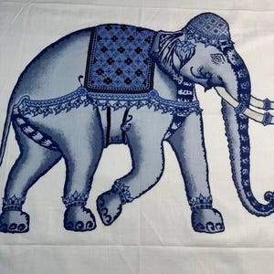 May include: A blue and white elephant design on a white background. The elephant is decorated with blue patterns on its head, back, and legs. The elephant has white tusks and is walking to the left.