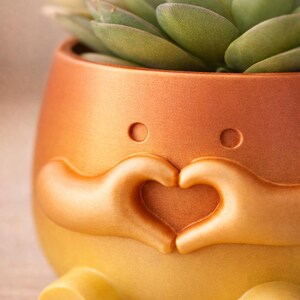 May include: A decorative planter with a heart-shaped design made of hands. The planter is two-toned, with a yellow base and an orange top. The planter holds a succulent plant with green leaves. Text on the image reads "High Quality Finish".
