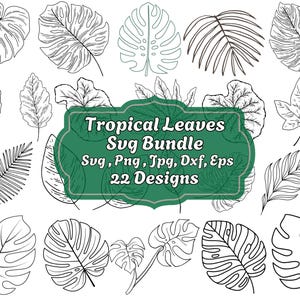 Paquete SVG TROPICAL, SVG floral de jungla, Monstera, hoja de plátano, hoja de palma, hibisco, helecho, archivo de corte, Cricut, silueta, Svg, Png, Dxf, Eps