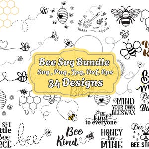 Könnte beinhalten: Ein Set mit 34 Bienen-SVG-Designs, darunter Bienen, Waben und Textphrasen wie "Bee Kind" und "Honey Bee Mine". Die Designs sind in Schwarzweiß gehalten und eignen sich perfekt für Bastelprojekte.
