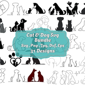 Könnte beinhalten: Eine Sammlung von SVG-Designs zum Thema Katze und Hund. Das Bild zeigt verschiedene Silhouetten und Strichzeichnungen von Katzen und Hunden, darunter Bilder von Hund und Katze zusammen und ein Pfotenabdruck mit einem Herzen. Der Text "Cat & Dog Svg Bundle" ist ebenfalls enthalten.