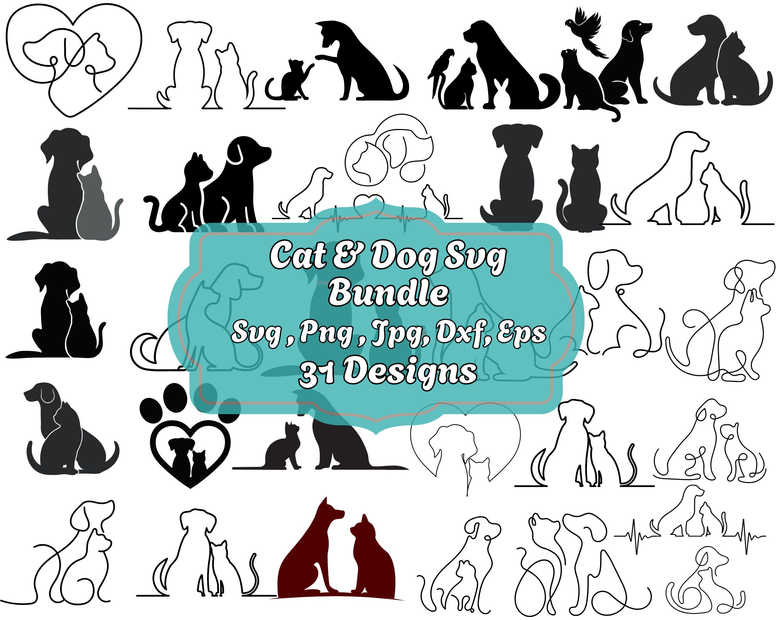 Cat and dog line art silhouette svg, Cat and dog silhouette, Cat and dog clipart, Friendship animal, Pet lovers svg, Elegant Cat Line Art