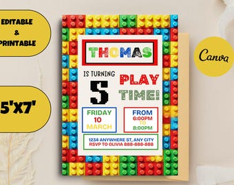 Editable Building Blocks Birthday Invitation: Canva Template (Digital Download)