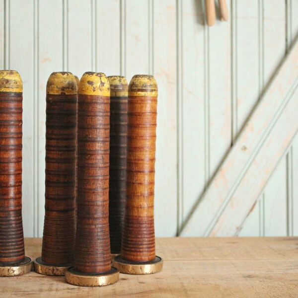 Vintage Worsted Spinning Bobbin with Brass Ends - Antique Wooden Industrial Spool Yellow Top - Home Decor Candle Stick / Organize Yarn