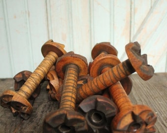SALE Today Small Vintage Wooden Bobbin Industrial Era Ratcheted Spools Organize Display Home Decor