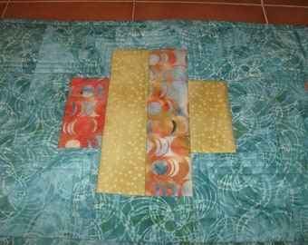 Batik Quilted Table Runner in Aqua, Gold and Orange -