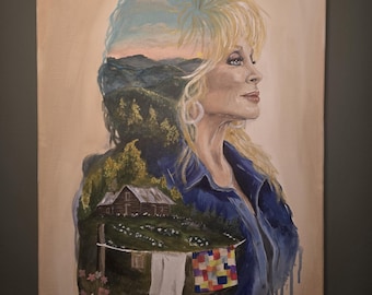 May include: A canvas painting featuring a double exposure portrait of a blonde person in profile. The silhouette contains a landscape with a rustic cabin, a clothesline with hanging laundry, and a quilt, set against a mountain sunset. Signed Hope Ritchie.