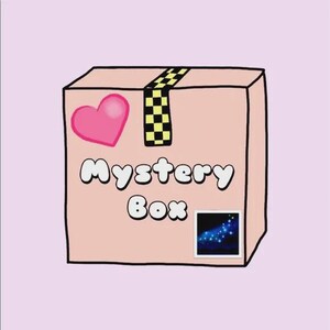 May include: A pink illustrated mystery box with a pink heart, a black and yellow checkered tape, and a small image of a blue galaxy. The words "Mystery Box" are written in white, bubble-style letters.