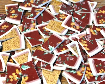 100 Vintage China Mosaic Tiles, Brown Floral Art Tile Pieces