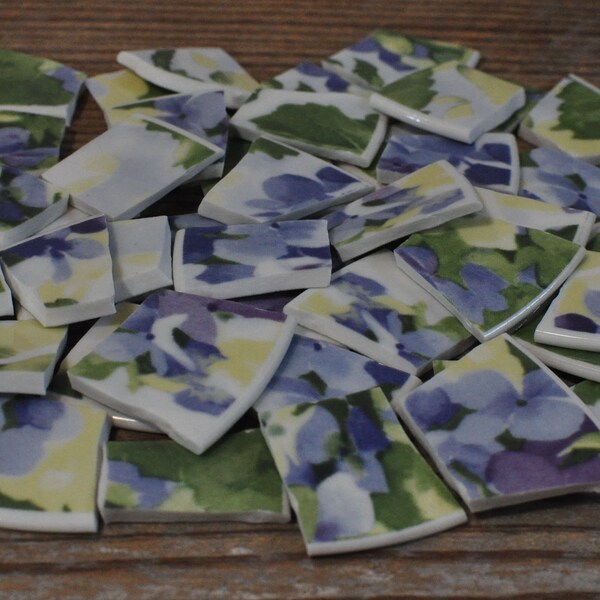 50 Broken China Mosaic Tiles, Floral, Recycled Plates, Mosaic Art Supply, Mixed Media Filler Tiles, Hand Cut, Assemblage, Purple & Yellow