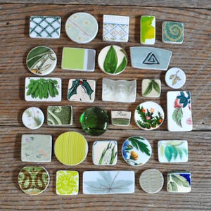 Broken China Mosaic Tiles, Shades of Green, Assortment, Cabochon Collection, Mixed Media, Assemblage Jewelry Art Supply, Accent Focal Tiles