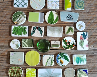 Broken China Mosaic Tiles, Shades of Green, Assortment, Cabochon Collection, Mixed Media, Assemblage Jewelry Art Supply, Accent Focal Tiles