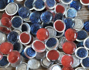 30 Glass Patriotic Glittered Gems, Red Silver and Blue, Hand Painted Sparkly Nuggets for Flower Arrangements, Holiday Home Decor, Mosaic Art