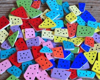 100 Broken Plate Hand Painted Tiles, Mosaic Art Supply, Colorful Polka Dots, Mixed Media Assemblage, Black Dots, Ceramic Tile Assortment,