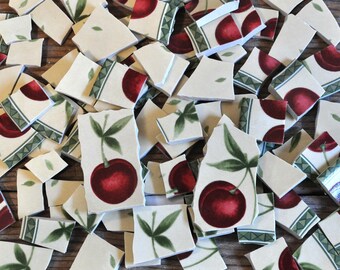 100 Vintage China Mosaic Tiles, Red Cherry, Beige Background, Art Tile Pieces