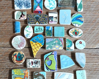 30 Broken Plate Mosaic Tiles, Shades of Turquoise Assortment, Tile Accent Collection, Mixed Media Art Supply, Recycled Materials,Jewelry Art