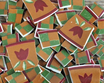 100 Broken Plate Mosaic Tiles, Brown, Green, Red, Floral, Recycled Materials, Mosaic Art Supply Materials, Mixed Media Assemblage