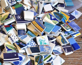 100 Broken Plate Mosaic Tiles, Colorful Shades of Blue, Ceramic Pieces for Mosaic Art, Assemblage, Jewelry Mixed Media Supply, Assortment
