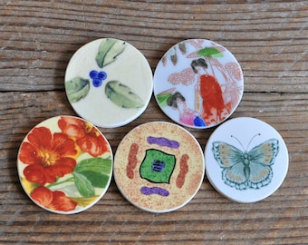Set of 5 Broken China Mosaic Tiles, Focal Tiles, Recycled Plates, Butterfly, Floral, Fruit, Accent Mosaic Art Supply, Assemblage, Round Tile