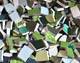 100 Broken Plate Mosaic Tiles, Solid Shades of Green, Ceramic Pieces for Mosaic Art, Assemblage, Jewelry Mixed Media Art Supply, Assortment